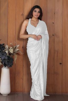 White Motifs Sequence Embroidery Sequence Work Georgette Saree