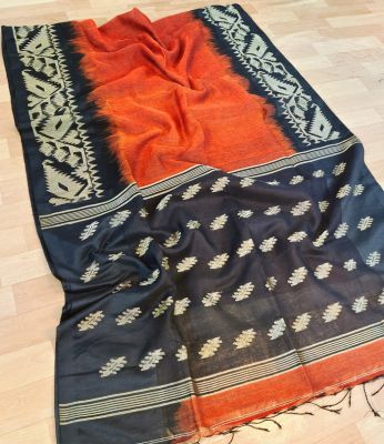 Red Black Pure Handloom Linen By Linen Saree From Bengal