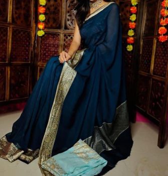 Navy Blue Plain Body Pure Organza Silk Saree With Zari Border And pallu