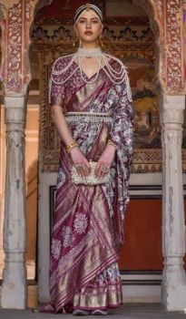 Magenta Flower Design Handloom Banarasi Silk Saree From Banaras