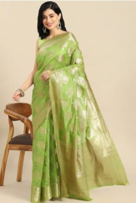 Tan Green Pure Handloom Silk Saree From Banaras