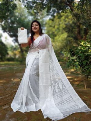 White Pure Handloom Dhakai Jamdani Saree From Bengal
