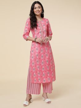 Pink Kurta Palazzo Set Poly Cotton Foil Print Round Neck