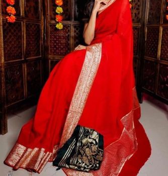 Red Plain Body Pure Organza Silk Saree With Zari Border And pallu