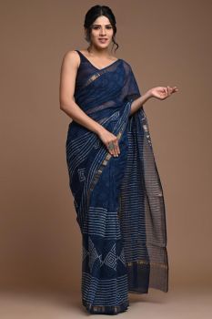 Davy Grey Hand Block Kota Doriya Printed Leaf Design Saree