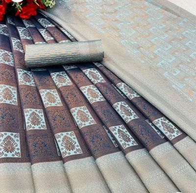 Brown Gray Pure Handloom Silk Cotton Saree From Banaras
