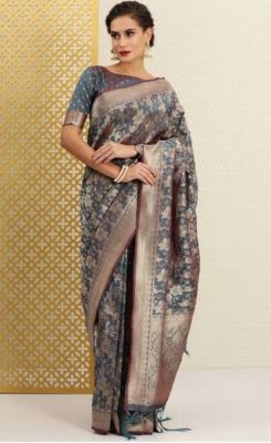 Slate Gray Pure Handloom Silk Saree From Banaras