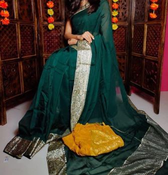 Green Plain Body Pure Organza Silk Saree With Zari Border And Pallu