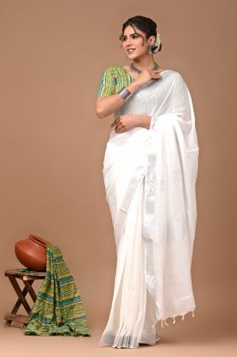 White Pure Handloom Linen Cotton Saree From Bengal