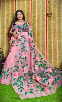 Pink Hand Printed Pure Handloom Organza Saree