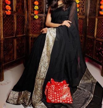 Black Plain Body Pure Organza Silk Saree With Zari Border And pallu