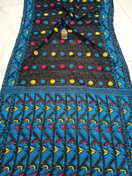 Black Blue Corona Dhakai Jamdani Cotton Saree From Bengal