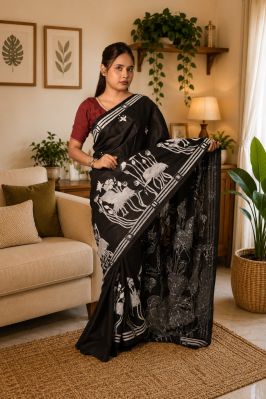 Black Pure Semi Silk Kanthastitch Saree From Bengal
