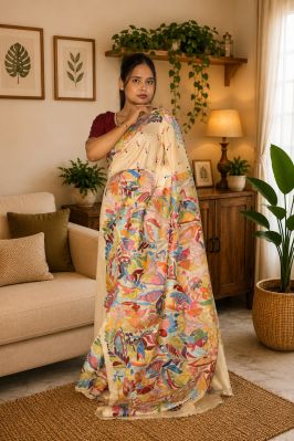 Yellow Pure Tussar Kantha stitch Saree From Bengal With Silk Marki