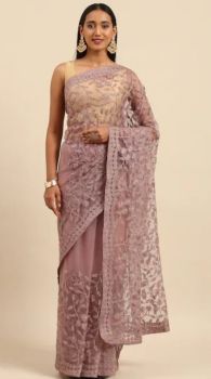Light Violet Embroidery Work Net Saree From Banaras