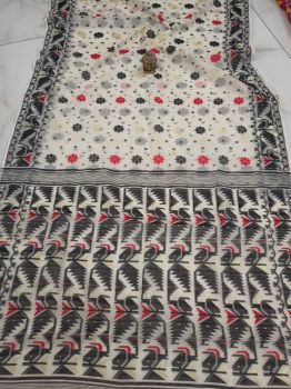 White Black Corona Dhakai Jamdani Cotton Saree From Bengal