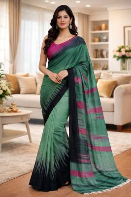 Green Ikkat Silk Cotton Pure Handloom Saree From Bengal