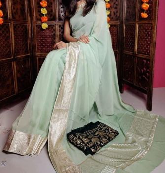 Sea Green Plain Body Pure Organza Silk Saree With Zari Border And Pallu