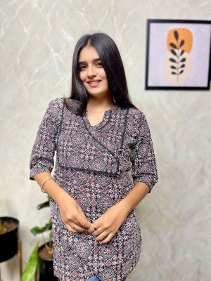 Blue Gray Pure Handloom Printed Kurti From Bengal