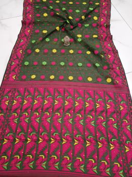Green Rani Corona Dhakai Jamdani Cotton Saree From Bengal