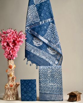 Navy Blue Hand Block Printed Linen Suit Dress Material