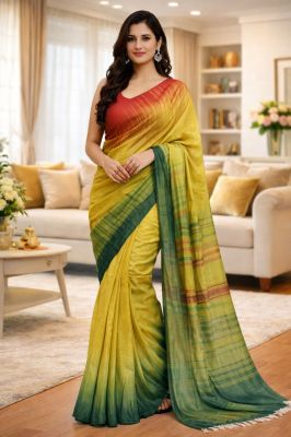 Mustard Yellow Ikkat Silk Cotton Pure Handloom Saree From Bengal