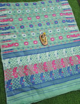 Greyish Teal Dhakai Jamdani Saree From Rajasthan
