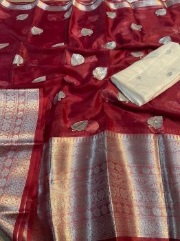 Red Pan Patti Kanchipura Organza Silk Saree