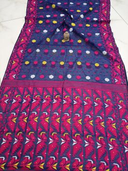 Blue Rani Corona Dhakai Jamdani Cotton Saree From Bengal