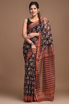 Dark Jungle Green Kota Doriya Printed Leaf Design Saree