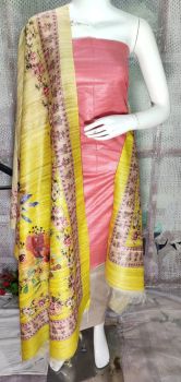 Light Coral Pure Tussar Ghicha Silk Suit With Digital Print Dupatta From Bihar