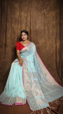 Cloudy Blue Pure Handloom Banarasi Silk Saree From Bengal