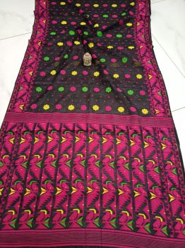 Black Rani Corona Dhakai Jamdani Cotton Saree From Bengal