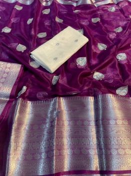 Purple Pan Patti Kanchipura Organza Silk Saree