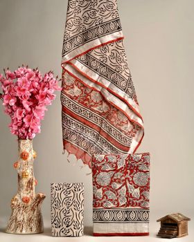 Red & Cream Hand Block Printed Linen Suit Dress Material