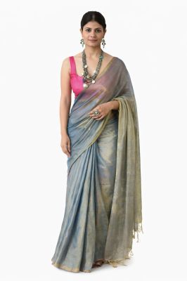 Steel Gray Elegant Golden Bengal Handloom Tissue Cotton Saree