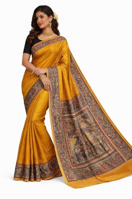 Mustard Yellow Elegant Women Madhubani Handcrafted Handloom Pure Tassar Silk Saree