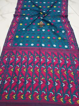 Teal Blue Rani Corona Dhakai Jamdani Cotton Saree From Bengal