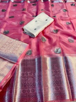 Pink Pan Patti Kanchipura Organza Silk Saree