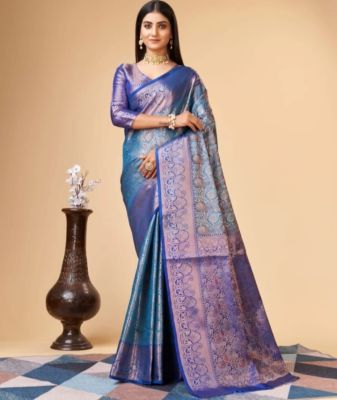Steel Blue Pure Handloom Banarasi Silk Saree From Banaras