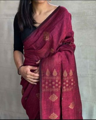 Wine Berry Pure Handloom Linen By Linen Saree From Bengal