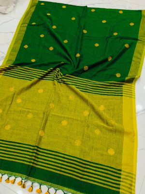 Green Yellow Pure Handloom Cotton Saree From Bengal