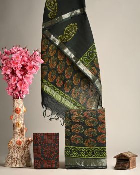 Black Hand Block Printed Linen Suit Dress Material