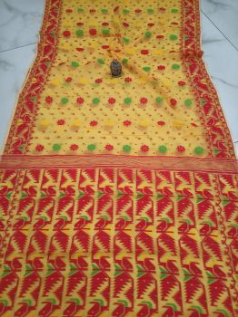 Yellow Red Corona Dhakai Jamdani Cotton Saree From Bengal