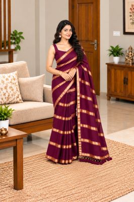 Dark Pink Pure Handloom Mulmul Cotton Saree From Bengal