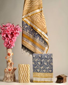Light Yellow & Blue Hand Block Printed Linen Suit Dress Material