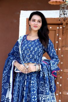 Navy Blue Hand Block Printed Cotton Top Skirt With Dupatta