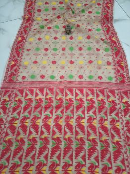 Red White Corona Dhakai Jamdani Cotton Saree From Bengal