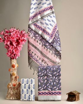 Brown & White Hand Block Printed Linen Suit Dress Material