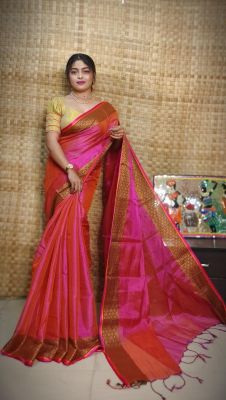 Persian Red Pure Handloom Tissue Silk Saree From Bengal